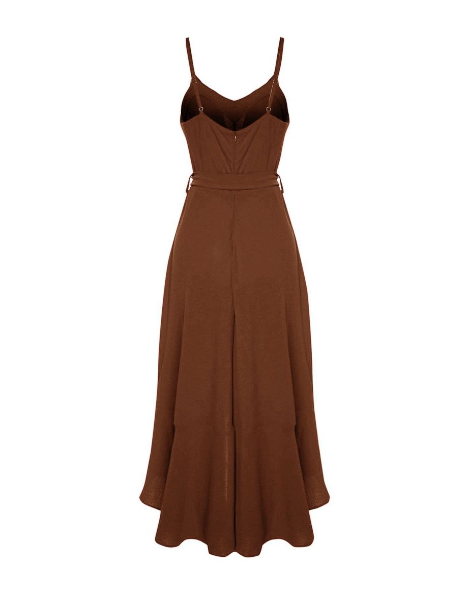 Brown Belted A-Line Flounce Button Detail Woven Maxi Dress - 7