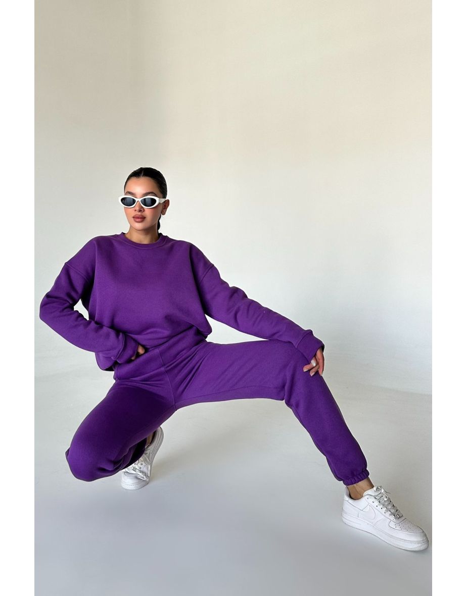Purple Crew Neck Plain Oversize Bottom-Top Tracksuit Set - 6
