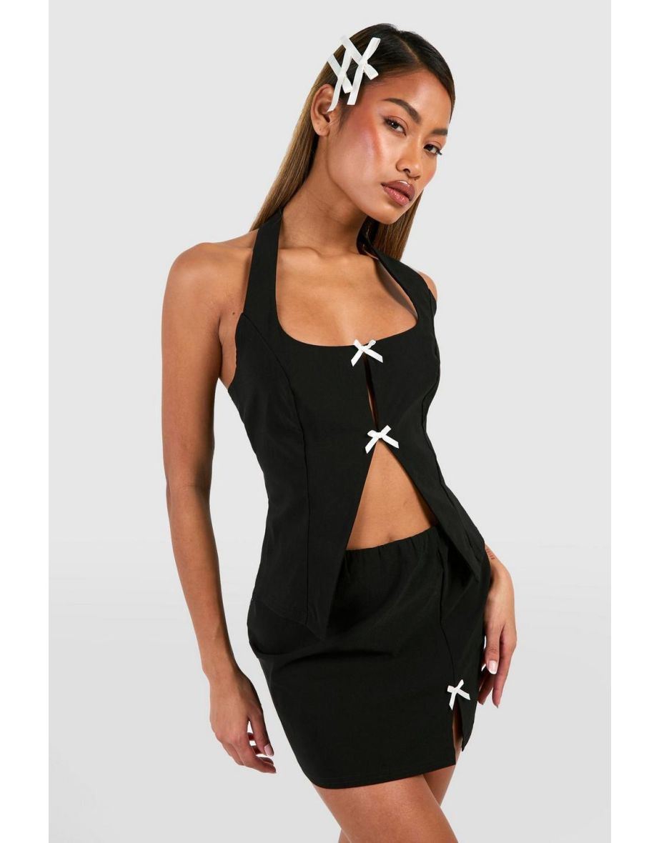 Contrast Bow Open Front Cami & Mini Skirt