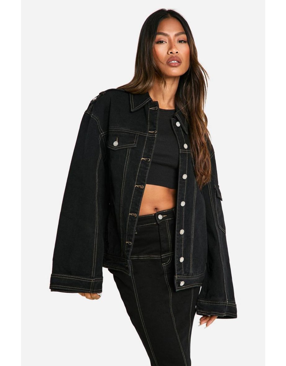 Black fashion contrast stitch denim jacket