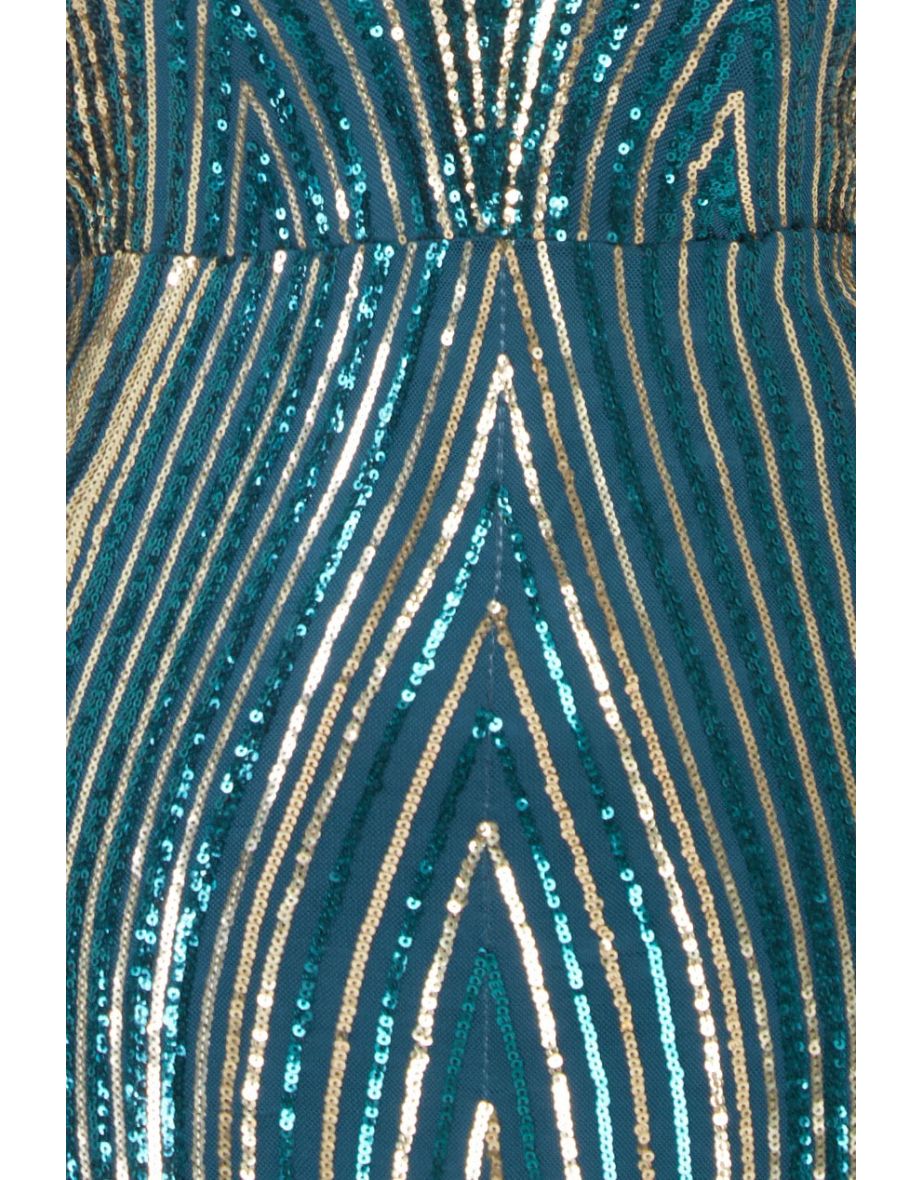 Goddiva Two Toned V Neck Sequin Maxi - Emerald Green - 3