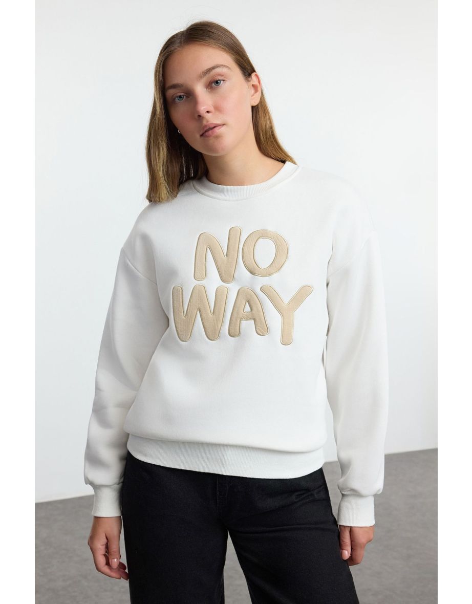 Ecru Slogan Embroidered Regular/Normal Fit Crew Neck Thick Knitted Sweatshirt