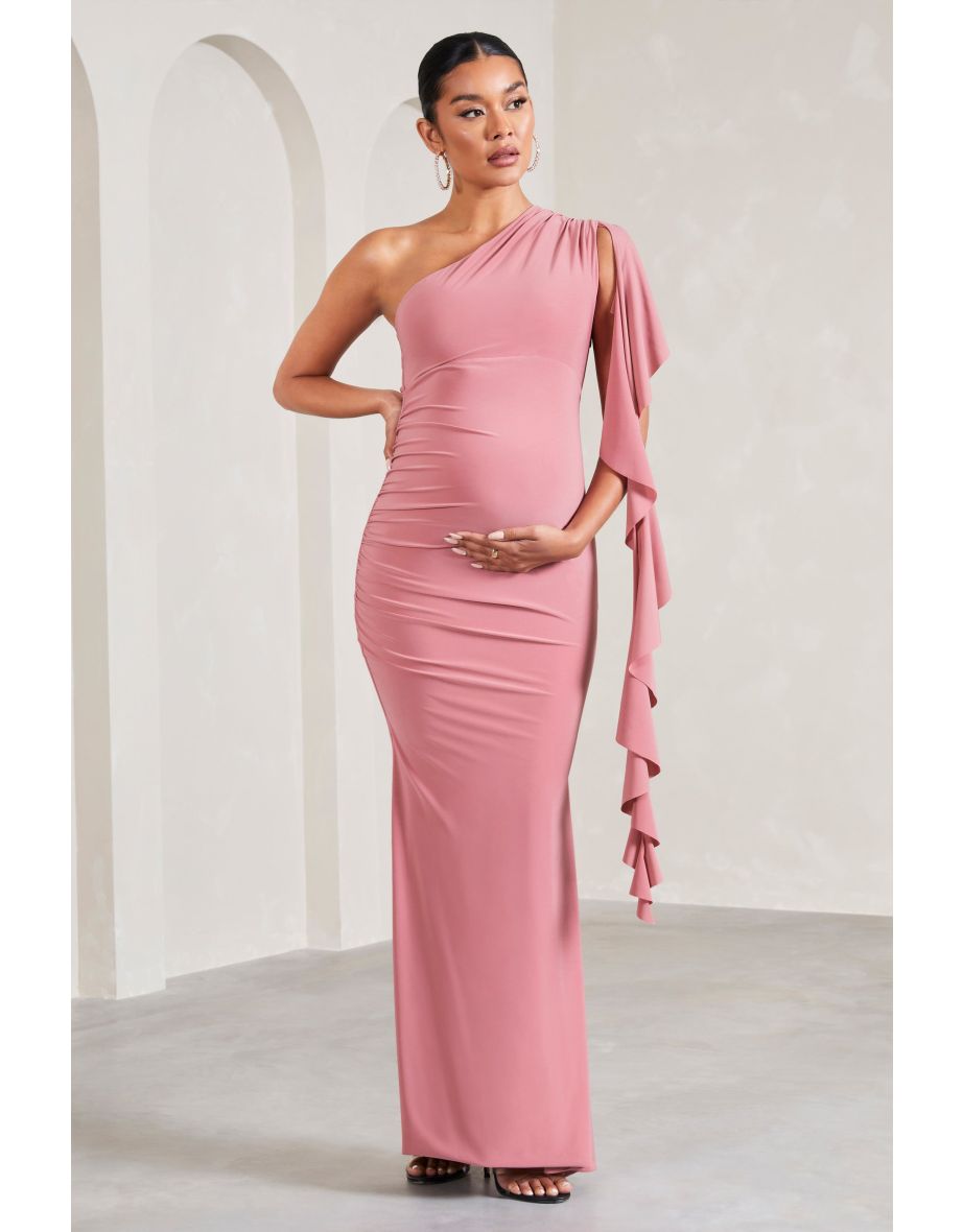 Rosalie | Blush Pink One-Shoulder Maternity Maxi Dress With Ruffles - 4