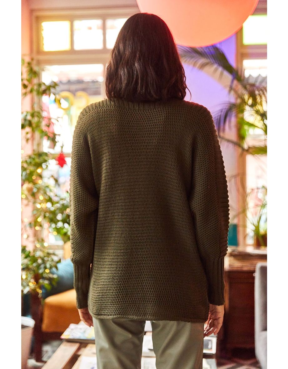 Women's Khaki Sleeve Detailed Honeycomb Knit Sweater - 4