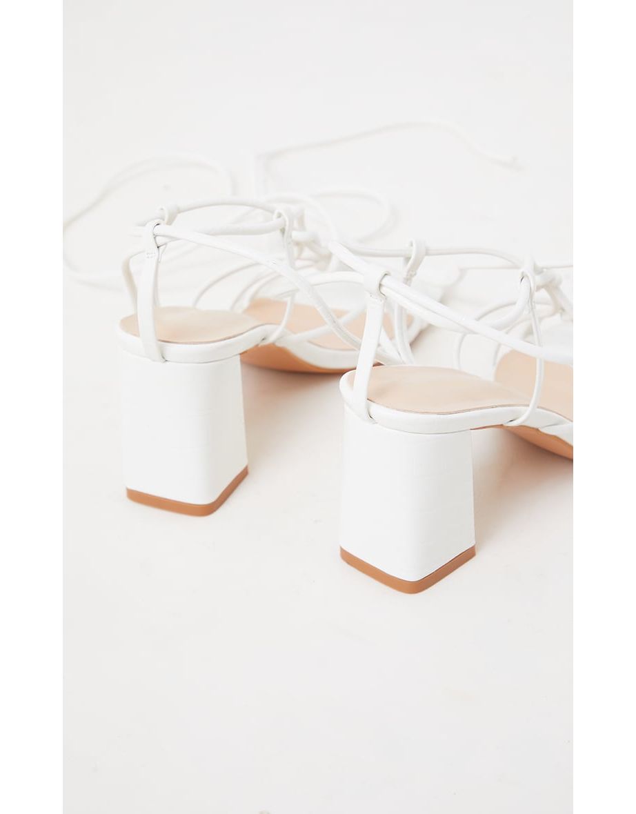 White Square Toe Knotted Lace Up Block Sandals - 2