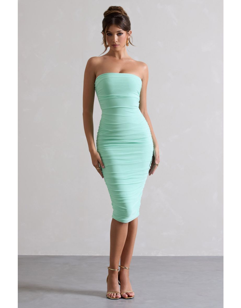 My Girl | Iced Green Strapless Bodycon Ruched Mesh Dress