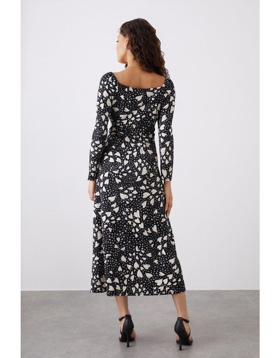 Petite Black Heart Print Sweetheart Midi Dress - 2