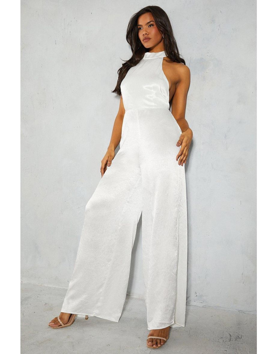 Textured Satin Halterneck Low Back Wide Leg Jumpsuit