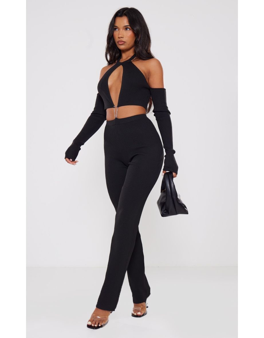 Black Rib Knit Cut Out Chain Detail Jumpsuit