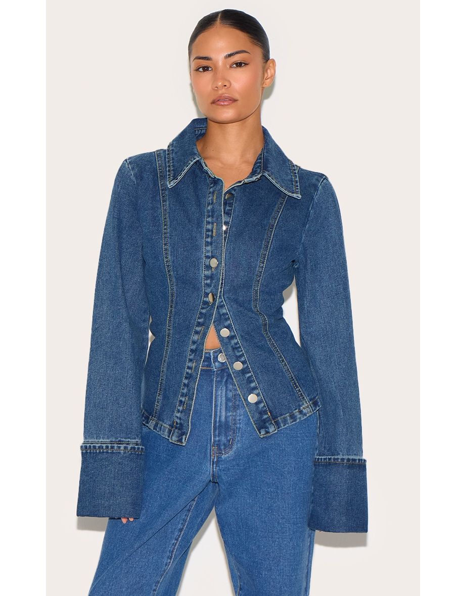Petite Mid Blue Wash Long Sleeve Fitted Denim Shirt