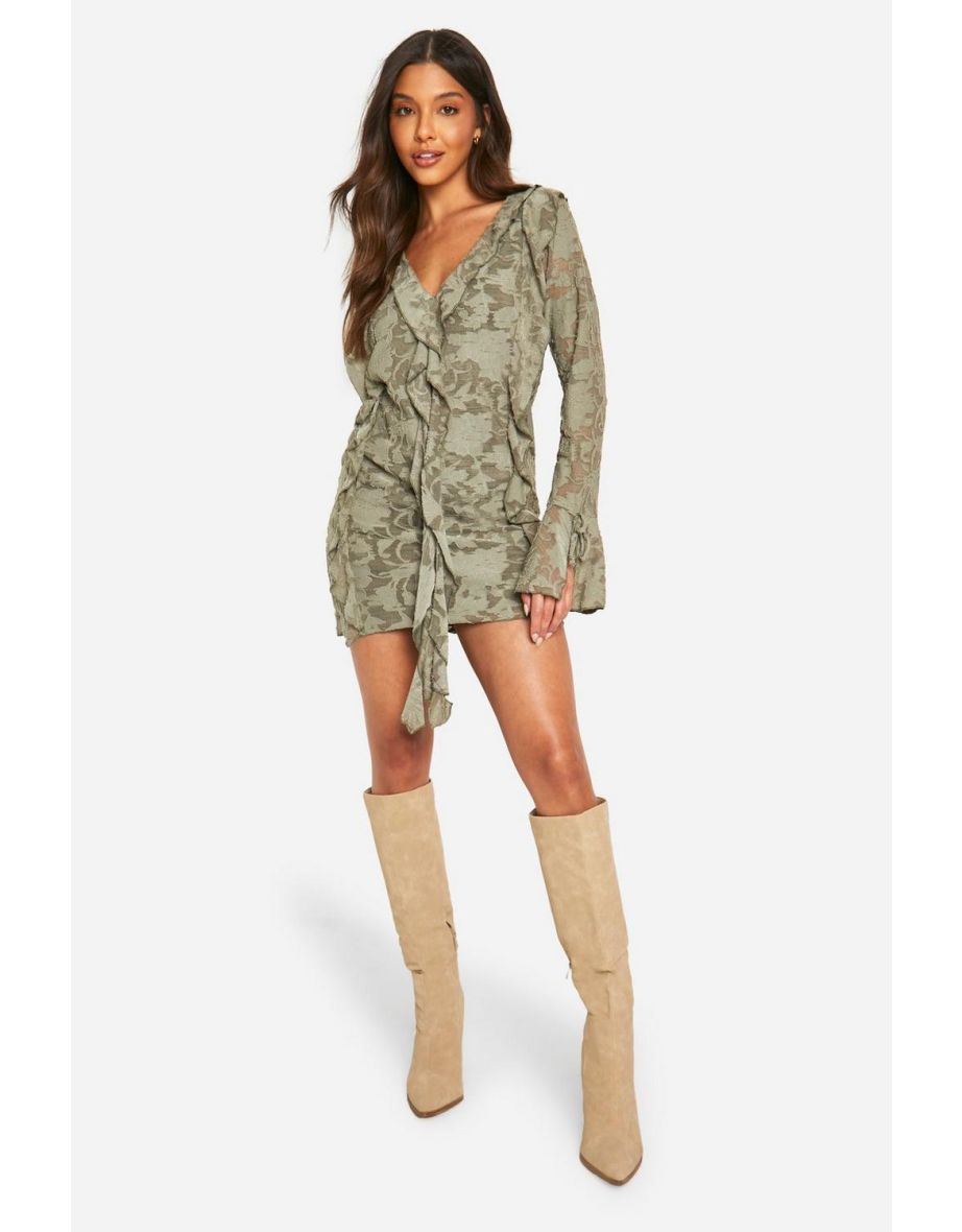 Shop Jacquard Floral Ruffle Mini Dress khaki Online in Qatar VogaCloset