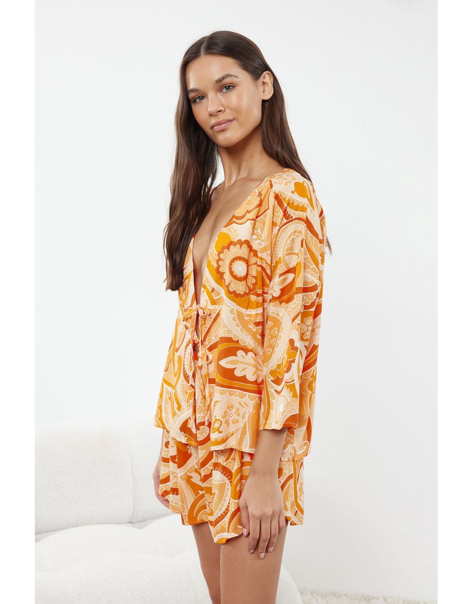 Orange Patterned Tie Detailed Viscose Shirt-Shorts Woven Pajama Set