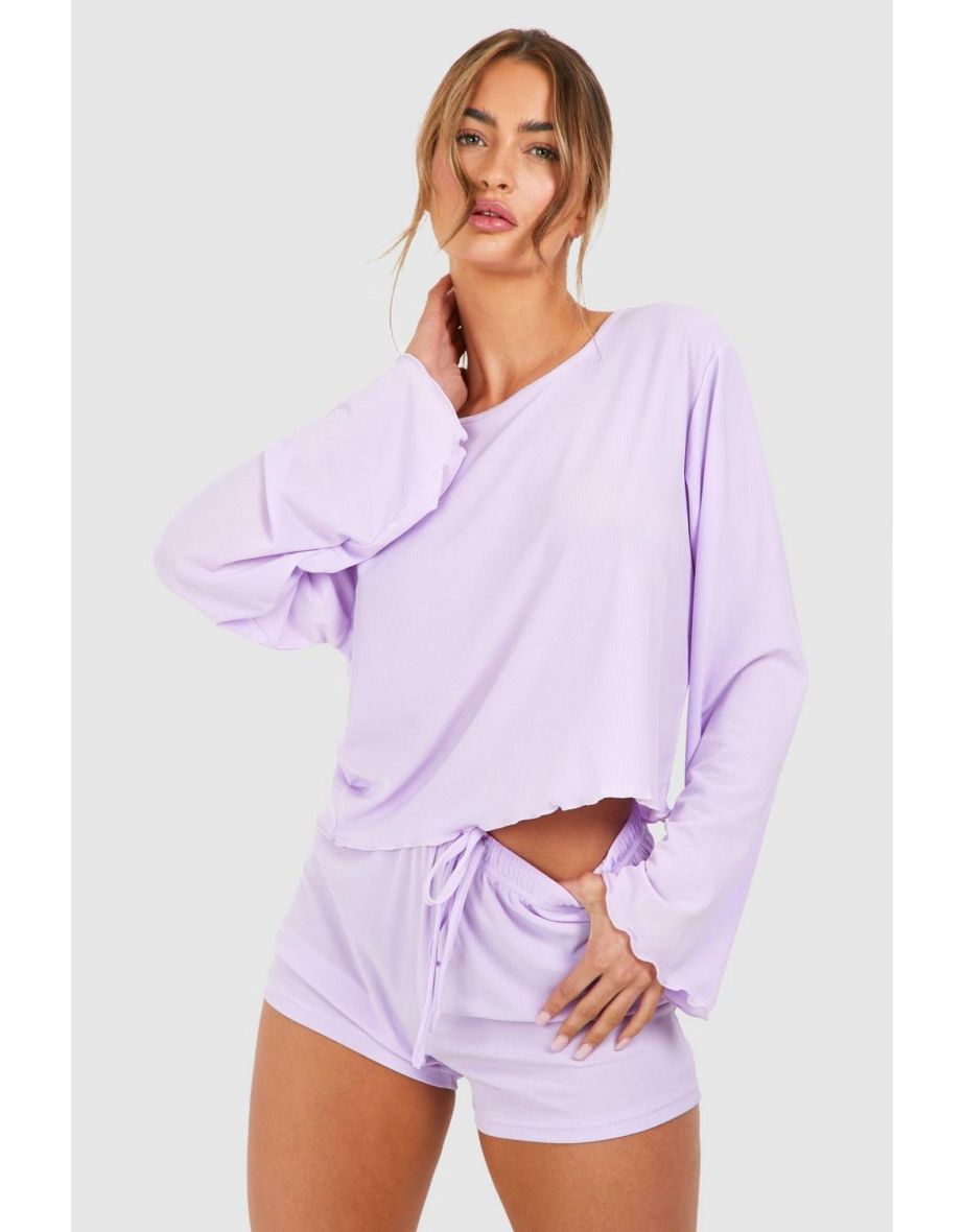 Long Sleeve Lettuce Hem Short Pj Set - lilac