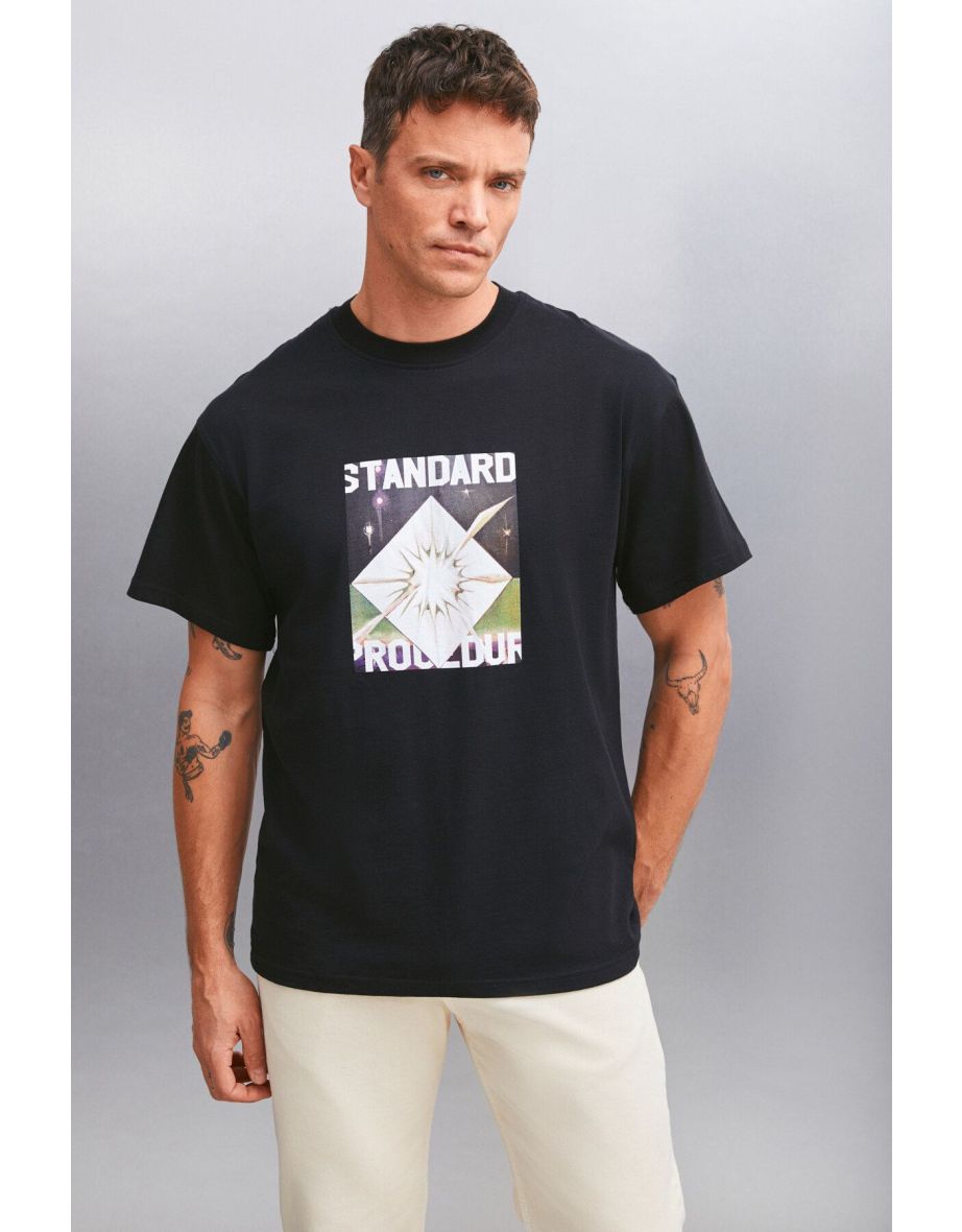 TRENTON Men's 100% Cotton Crew Neck Printed Black T-Shirt