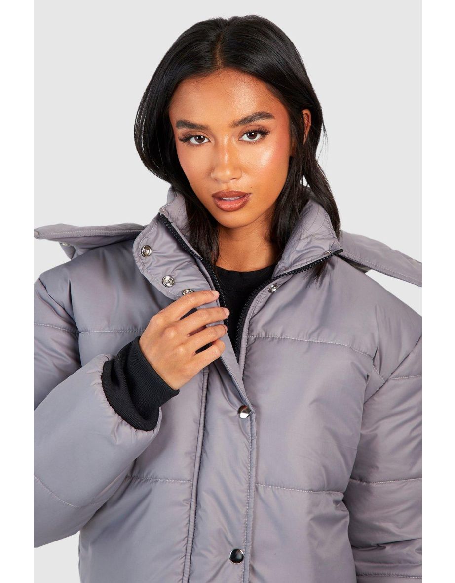 Petite Funnel Neck Rib Detail Puffer Jacket - stone - 3