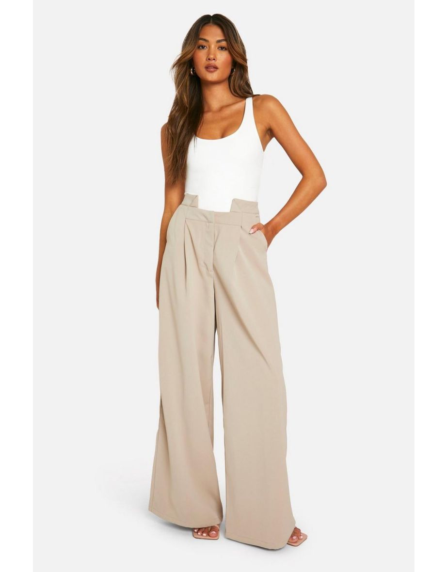 Symmetric Waist Band Detail Wide Leg Trouser - stone