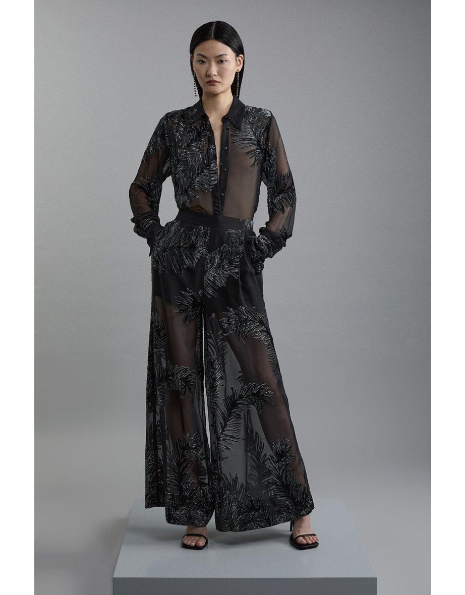 Petite Feather Devore Woven Wide Leg Trousers