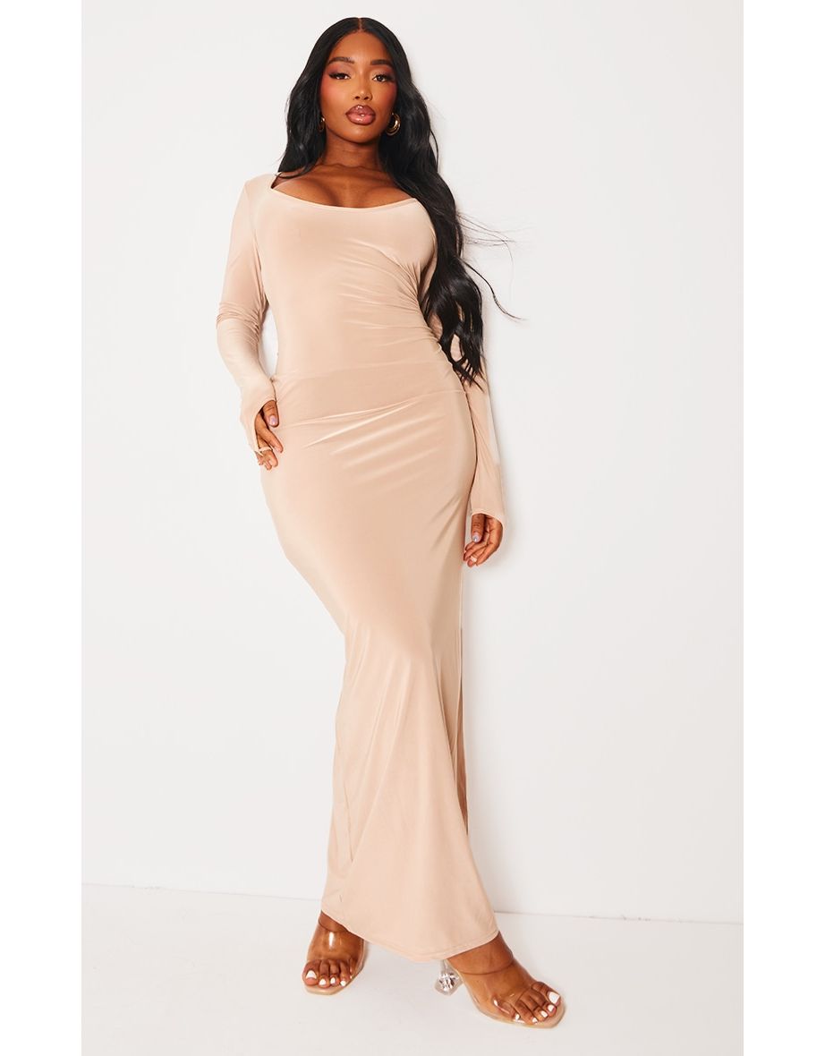 Shape Stone Scoop Neck Long Sleeve Maxi Dress