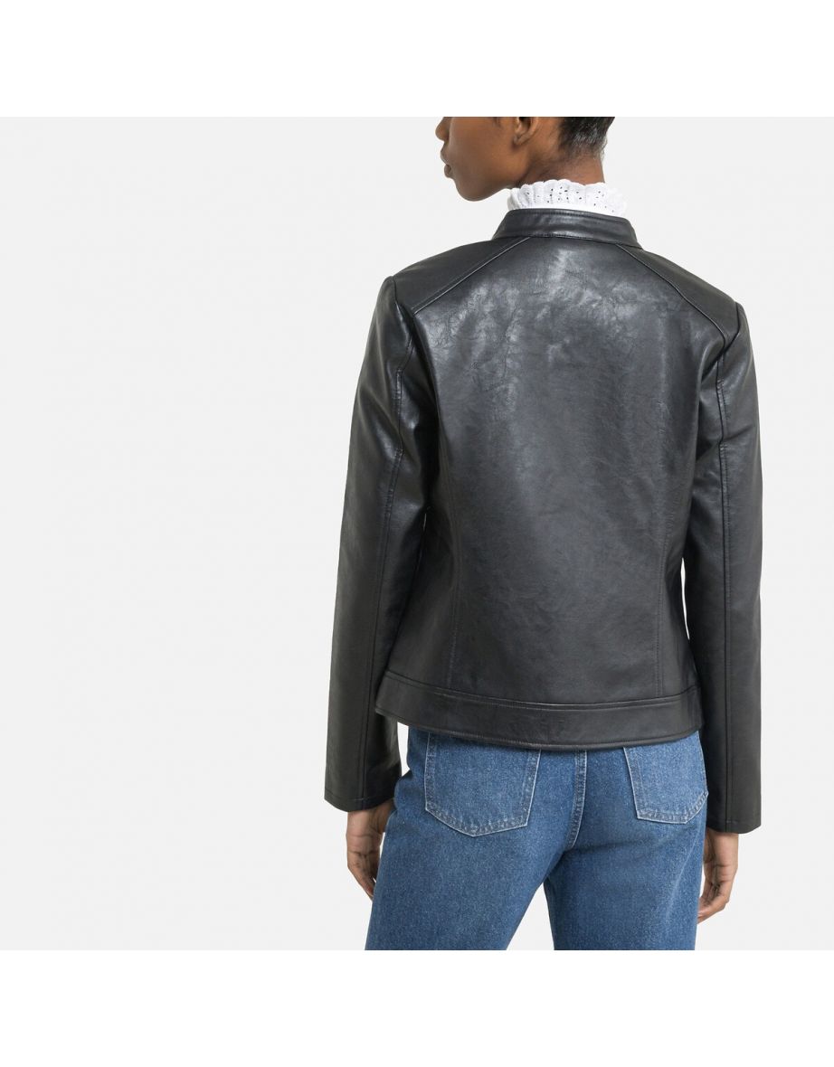 Faux Leather Jacket with High Neck - 3