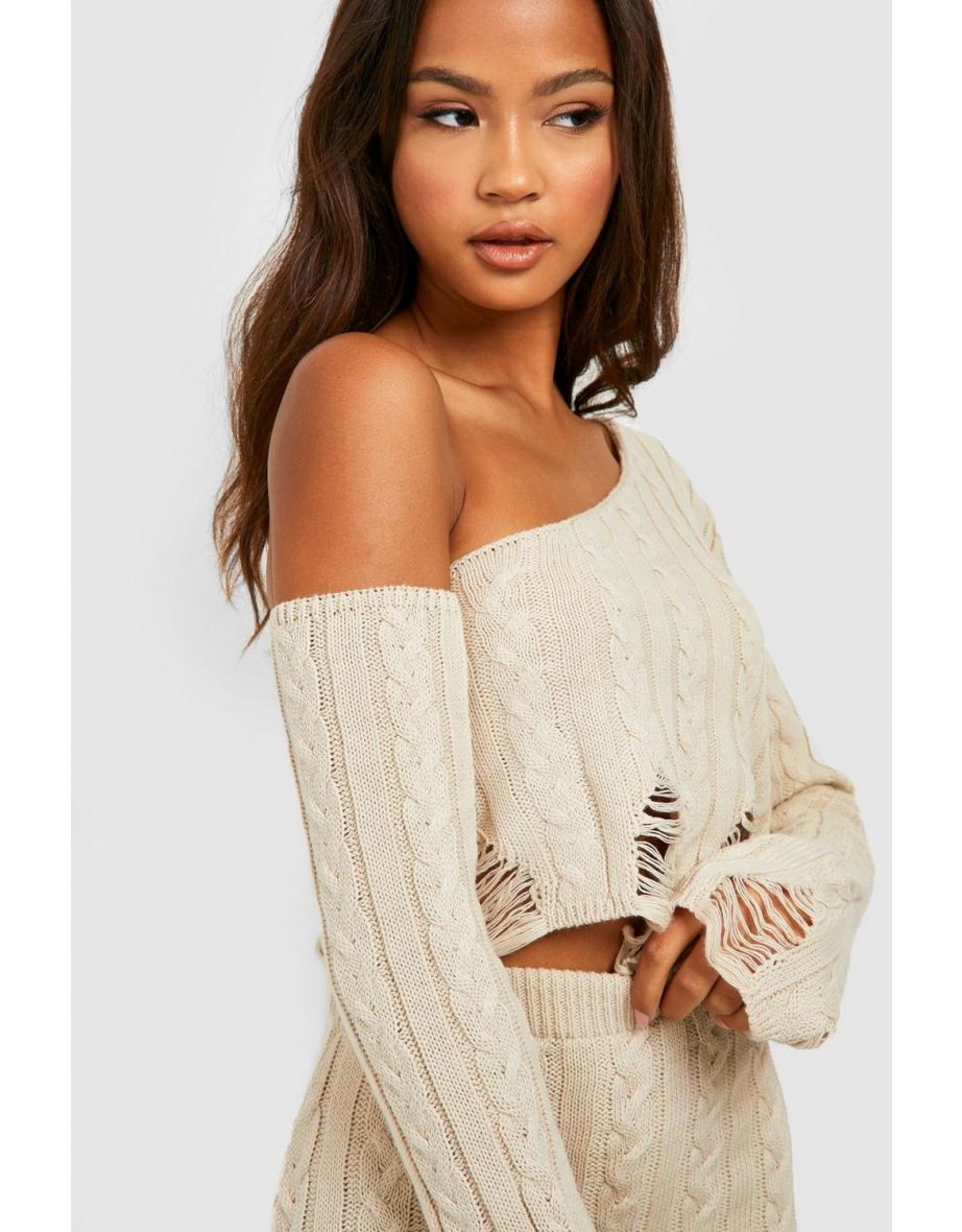 Distressed Hem Knitted Crop & Skirt Co-ord - cream - 3