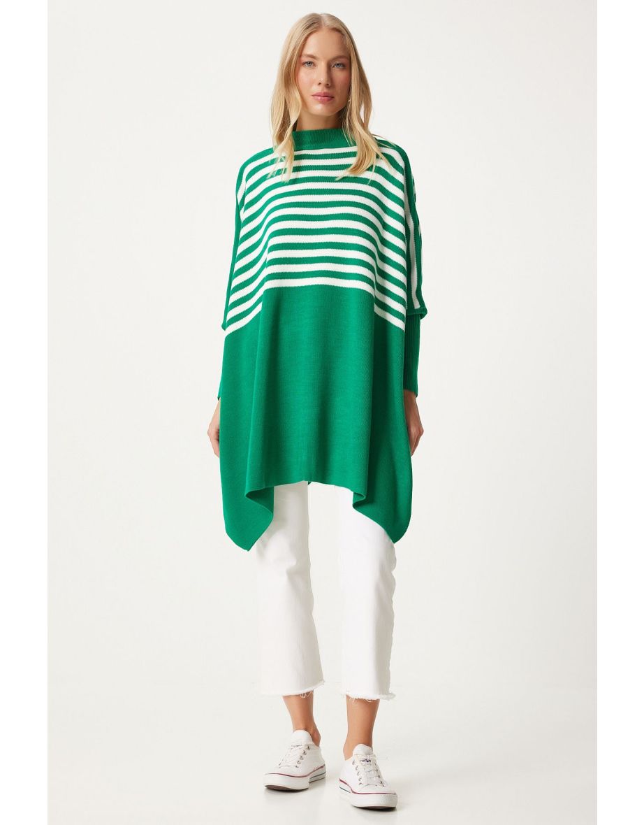 Women's Green Striped Side Slit Oversize Poncho Sweater