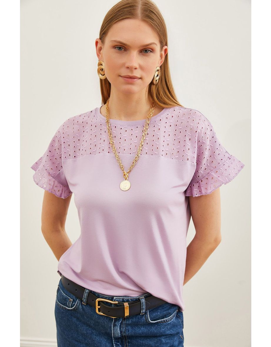 Women's Lilac Top Scallop Sleeve Flounce T-Shirt