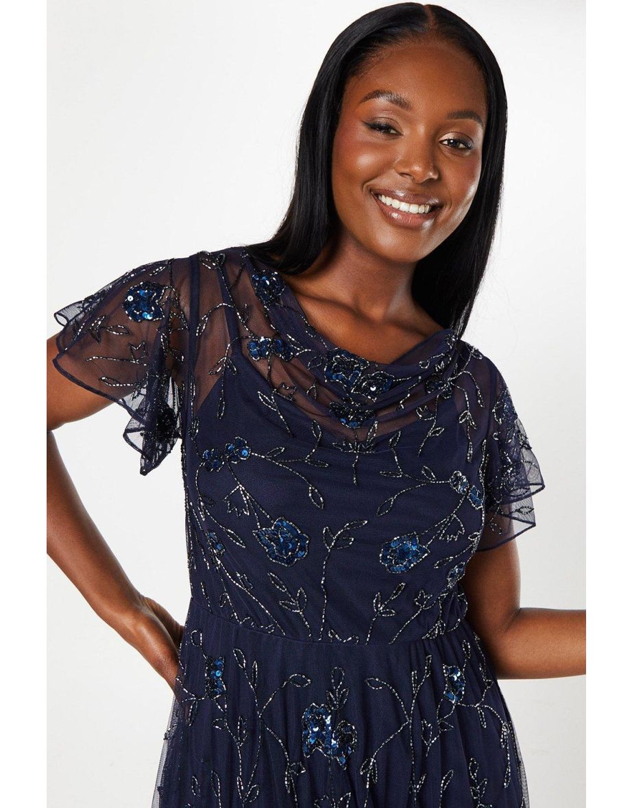 Hand Embellished Flutter Sleeve Boat Neck Midi Dress - 3