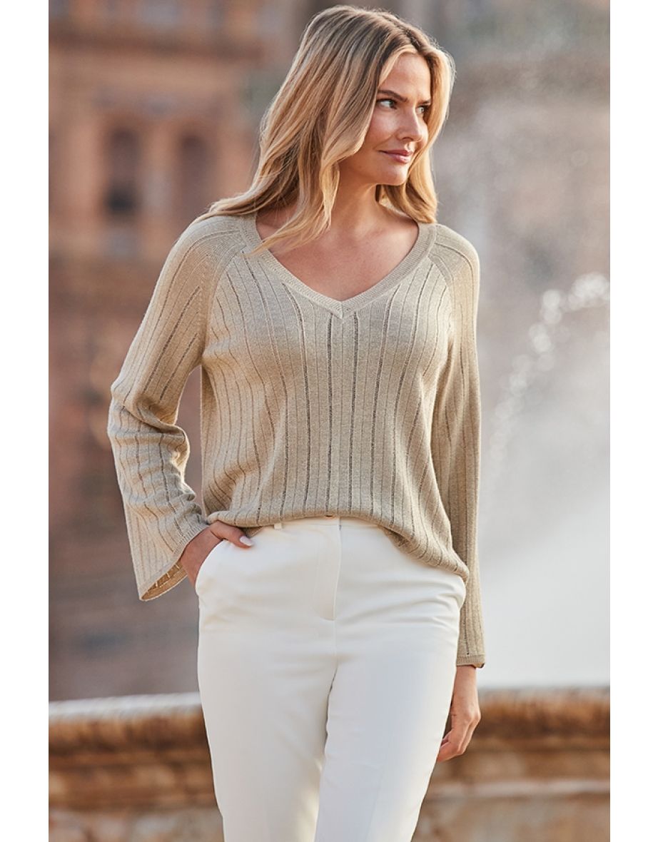 Gold Sparkle Metallic Pointelle Stitch Fluted Sleeve Jumper - 4