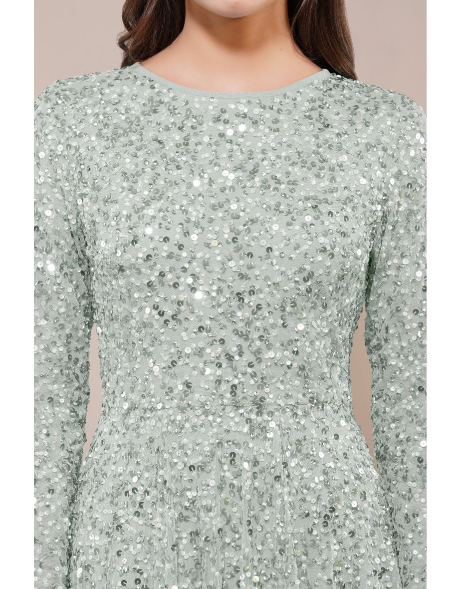 Sila Long Sleeve Embellished Maxi Dress in Sage Green - 5