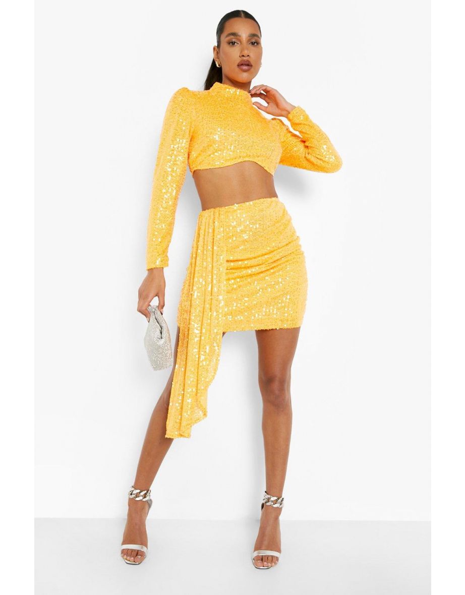 Bright Sequin Drape Side Mini Skirt - neon-orange