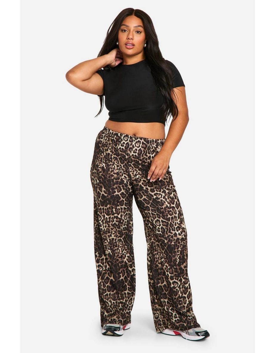 Plus Leopard Print Jersey Wide Leg Trousers \