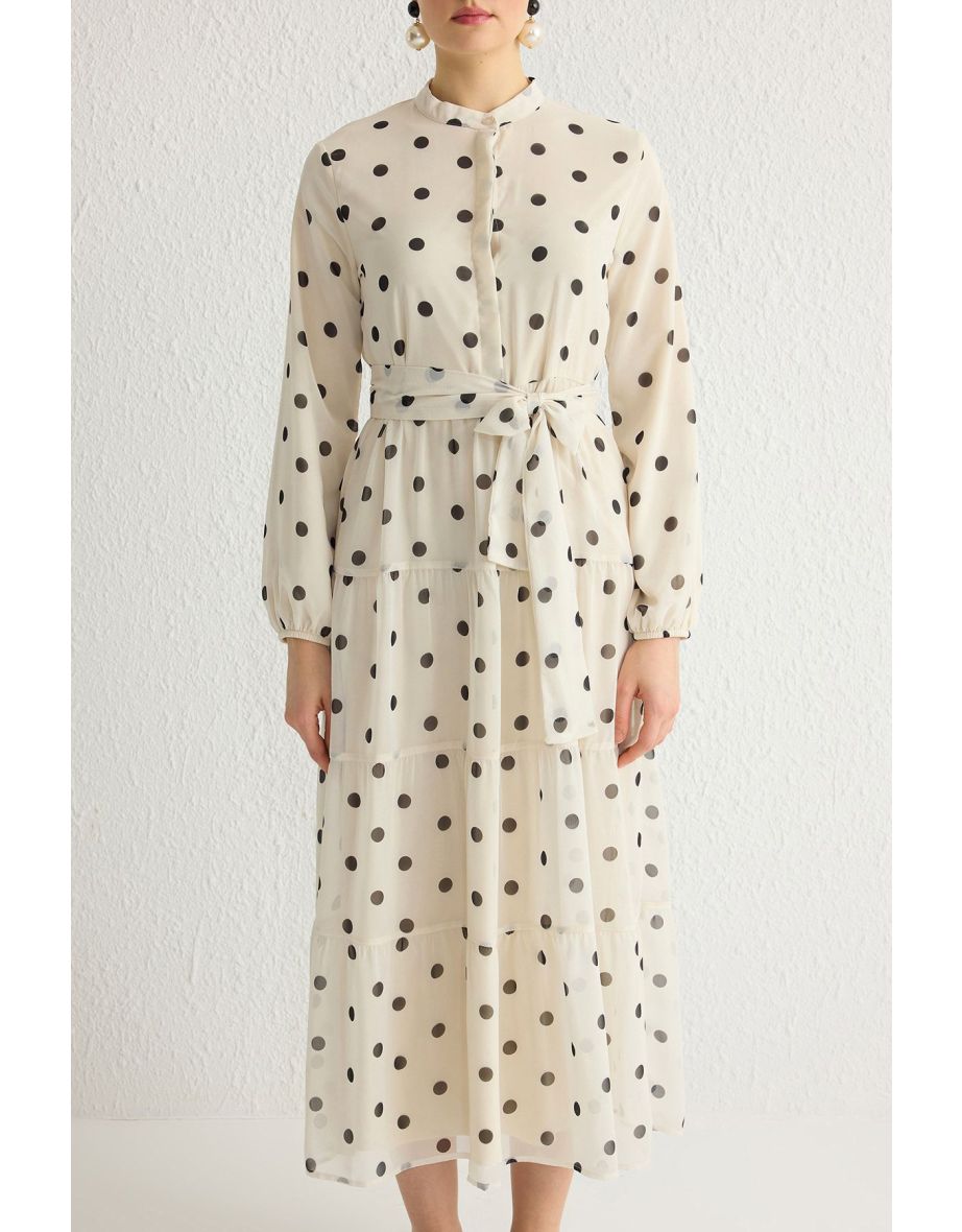 Light Beige Patterned Belted Stand Collar Lined Chiffon Woven Dress - 4