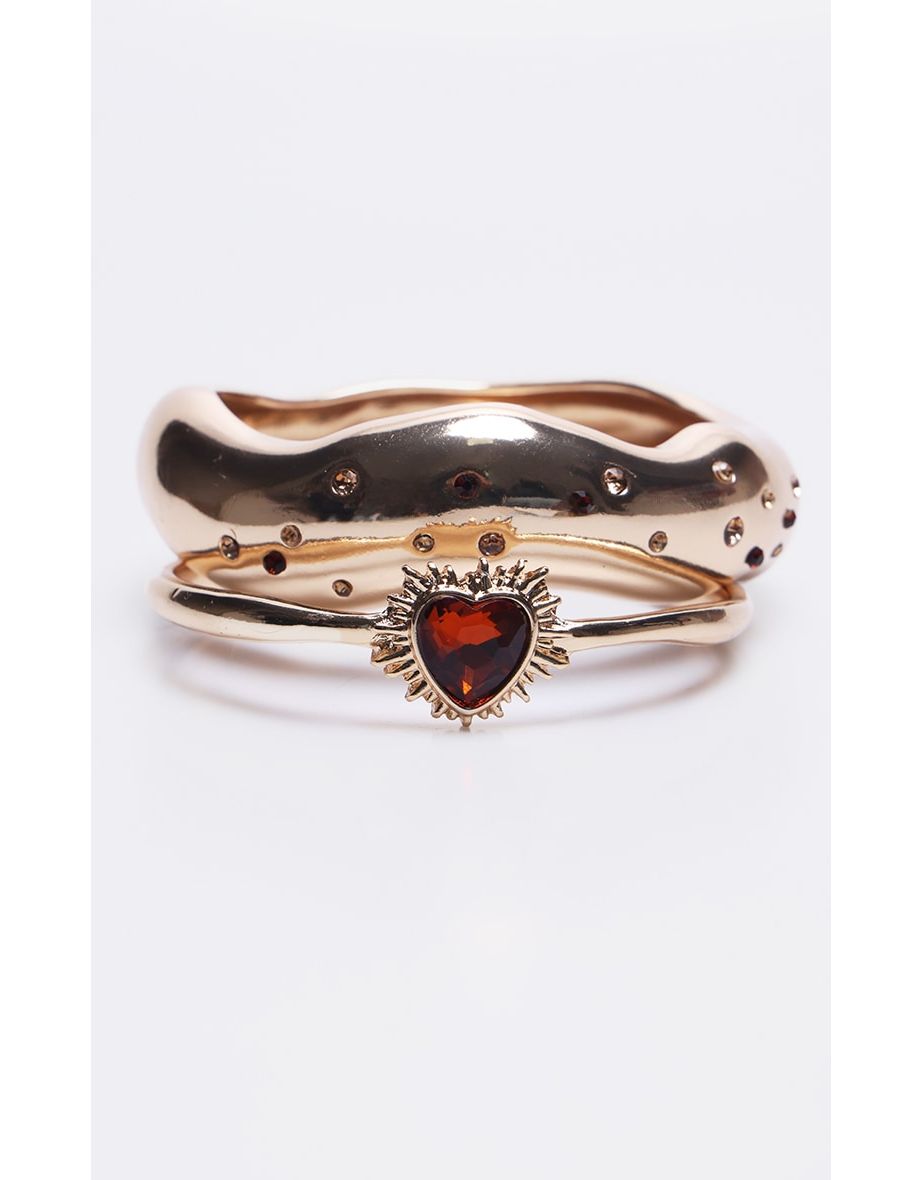 Gold Diamante Heart Detail 2 Pack Bangles - 2