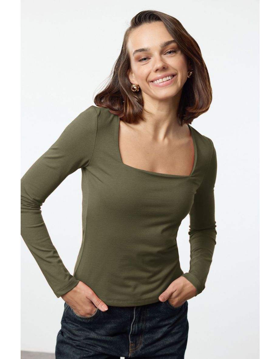 Khaki Cotton Square Collar Regular Fit Knitted Thin Blouse