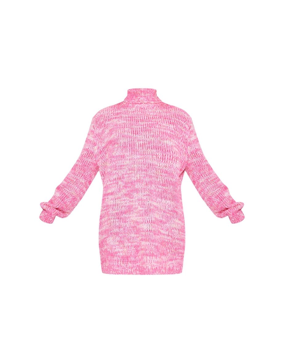 Pink Marl Chunky Knit Roll Neck Jumper Dress - 4