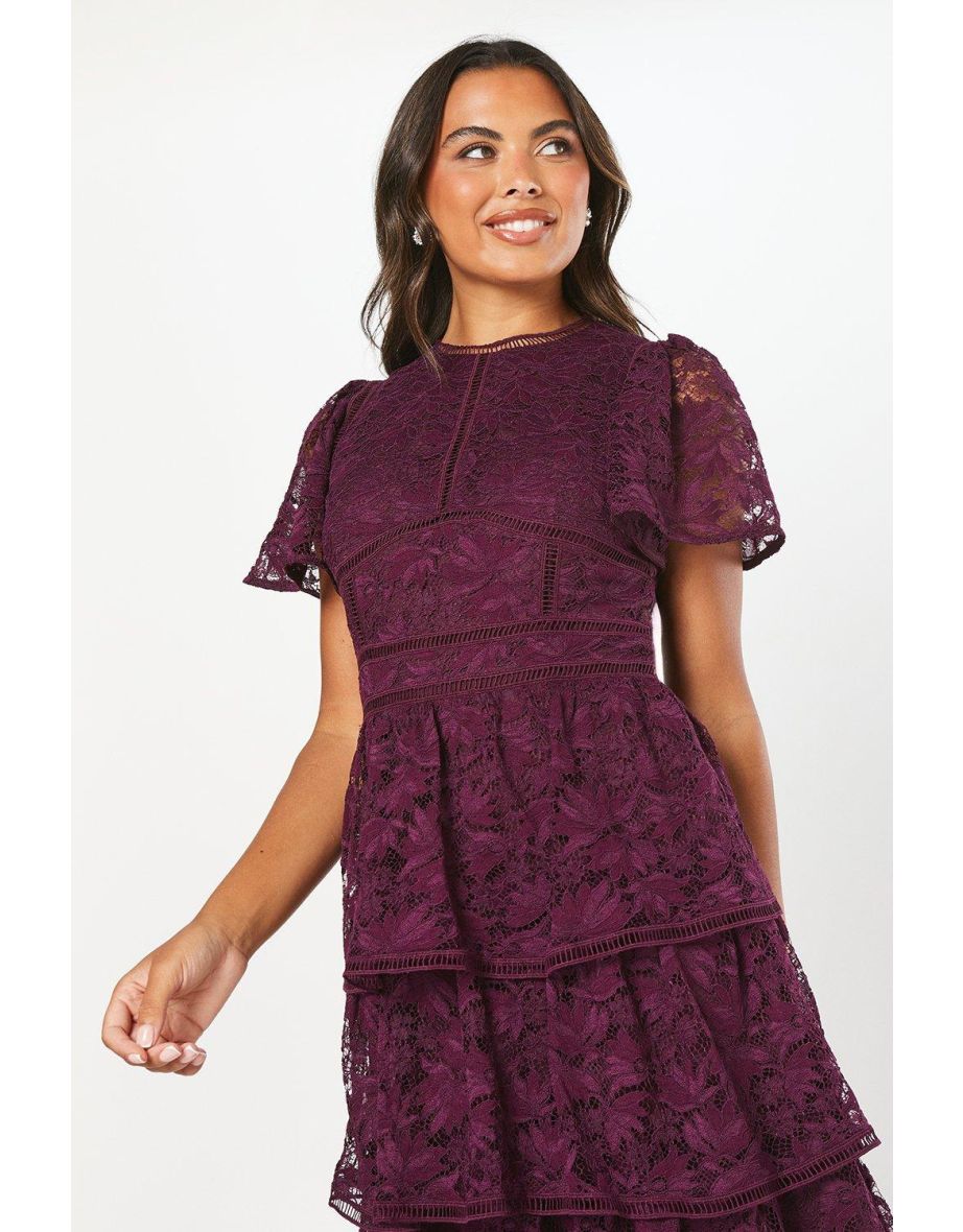 Tiered Lace Dress With Flutter Sleeve & Trims - 3