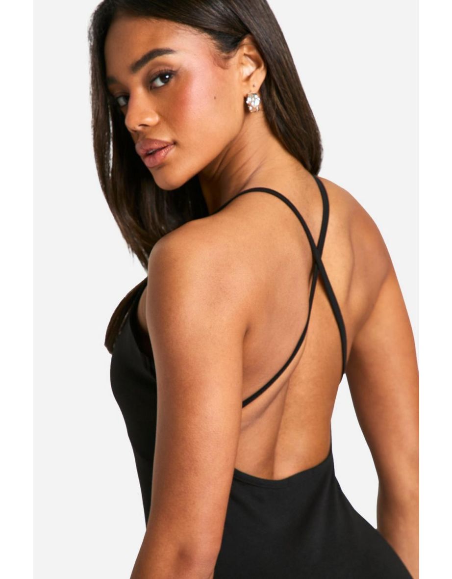 Basic Cotton Strappy Cross Back Mini Dress - black - 3