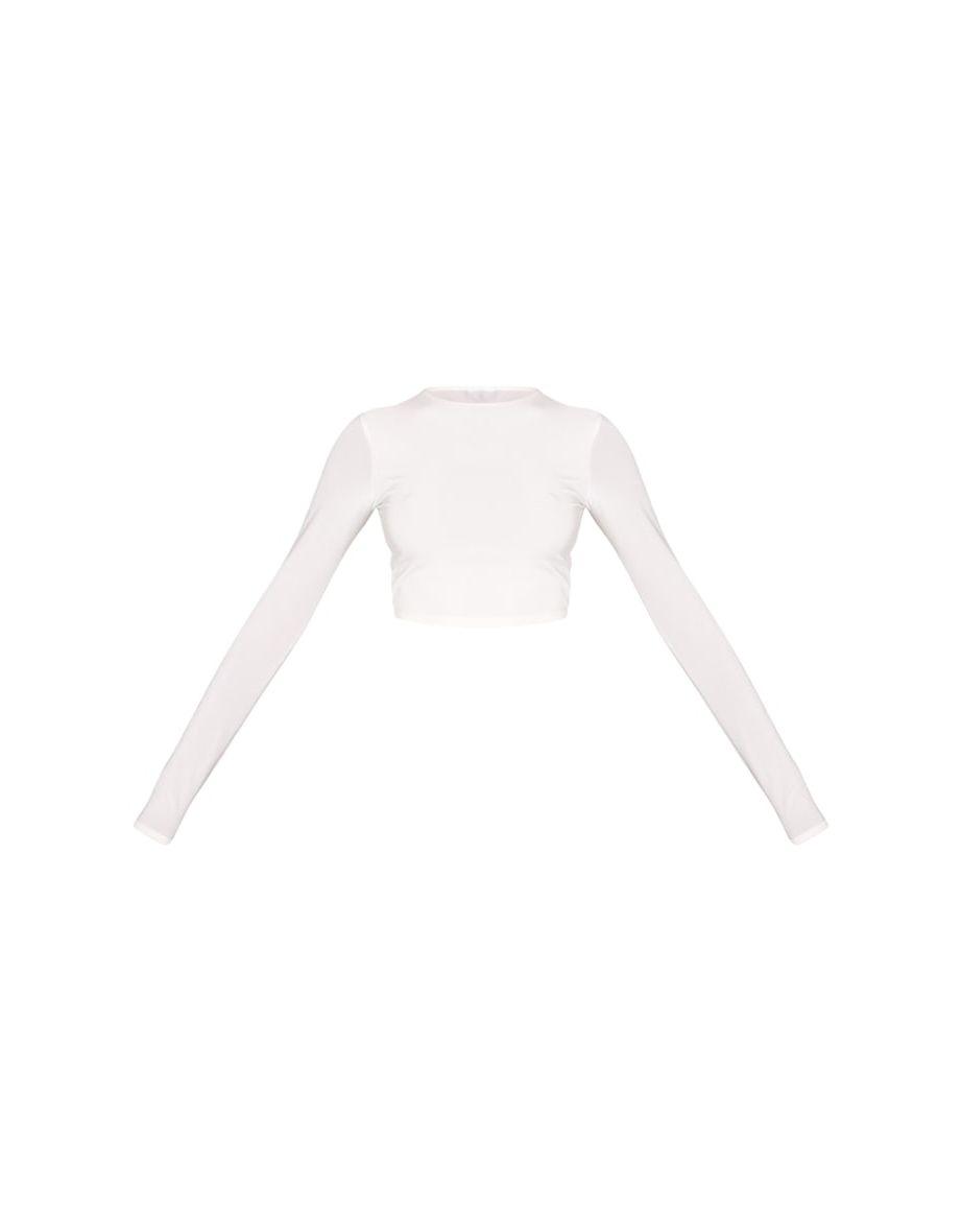 White Basic Slinky Long Sleeve Crop Top - 4