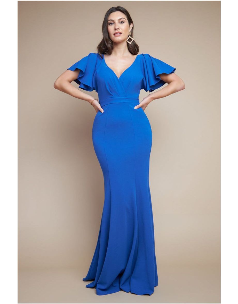 Goddiva Flared Sleeve Front Wrap Maxi Dress - Royal Blue