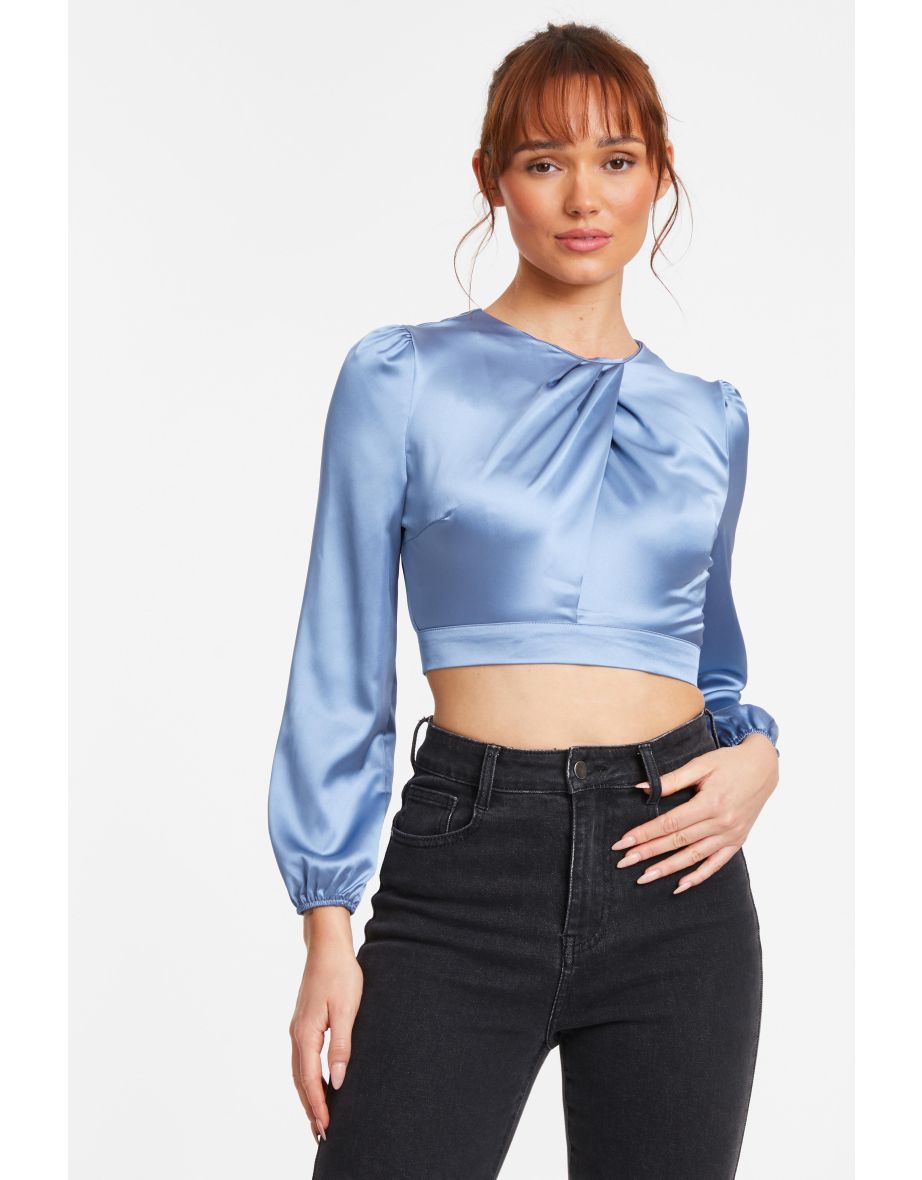 Blue Satin Twist Neck Crop Top