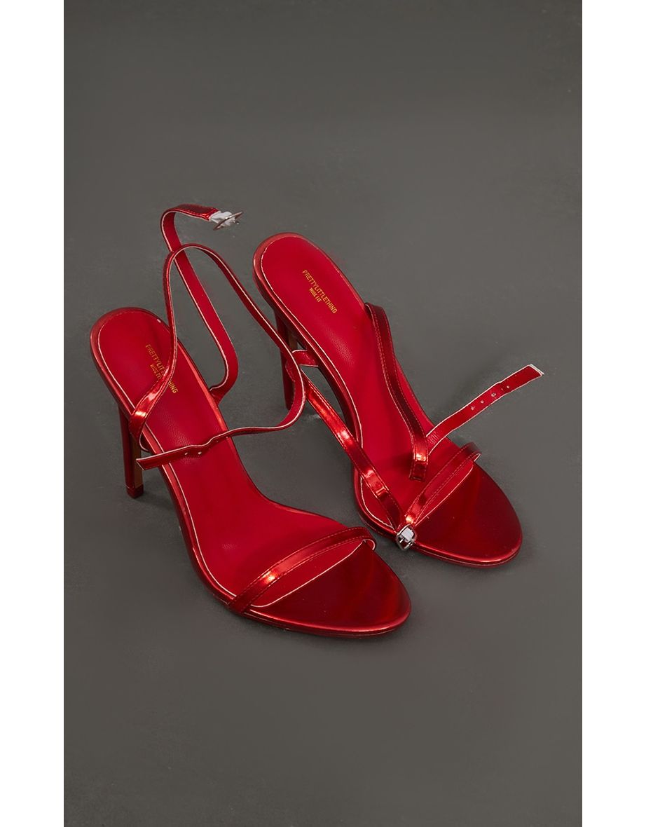 Red Wide Fit Metallic Pu Round Toe Barely There High Heeled Sandals - 3