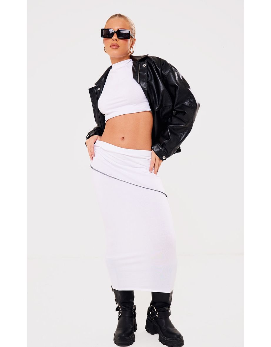 White Contrast Stitch Low Rise Midi Skirt