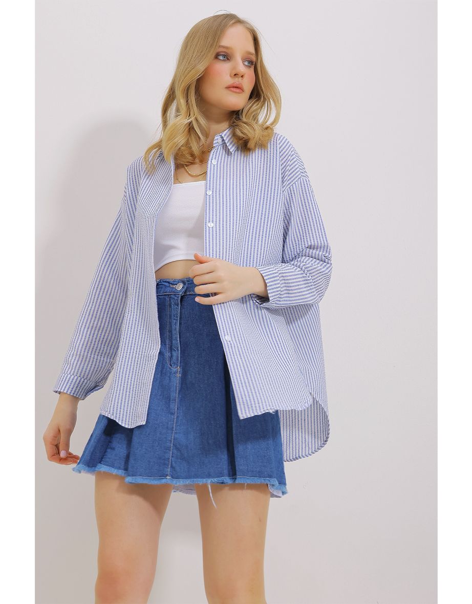 Women's Navy Blue Striped Oversized Shirt