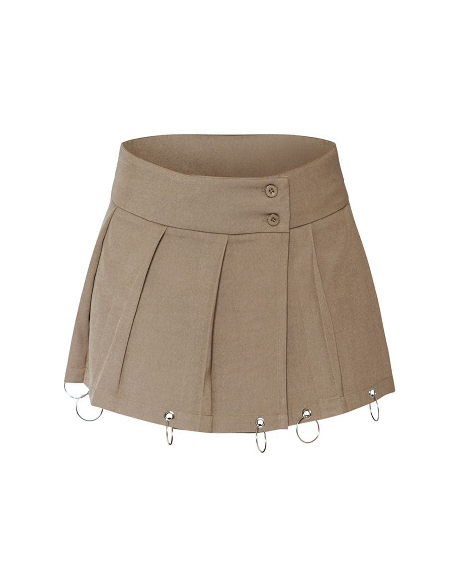 Khaki Woven Ring Detail Pleated Mini Skater Skirt - 5