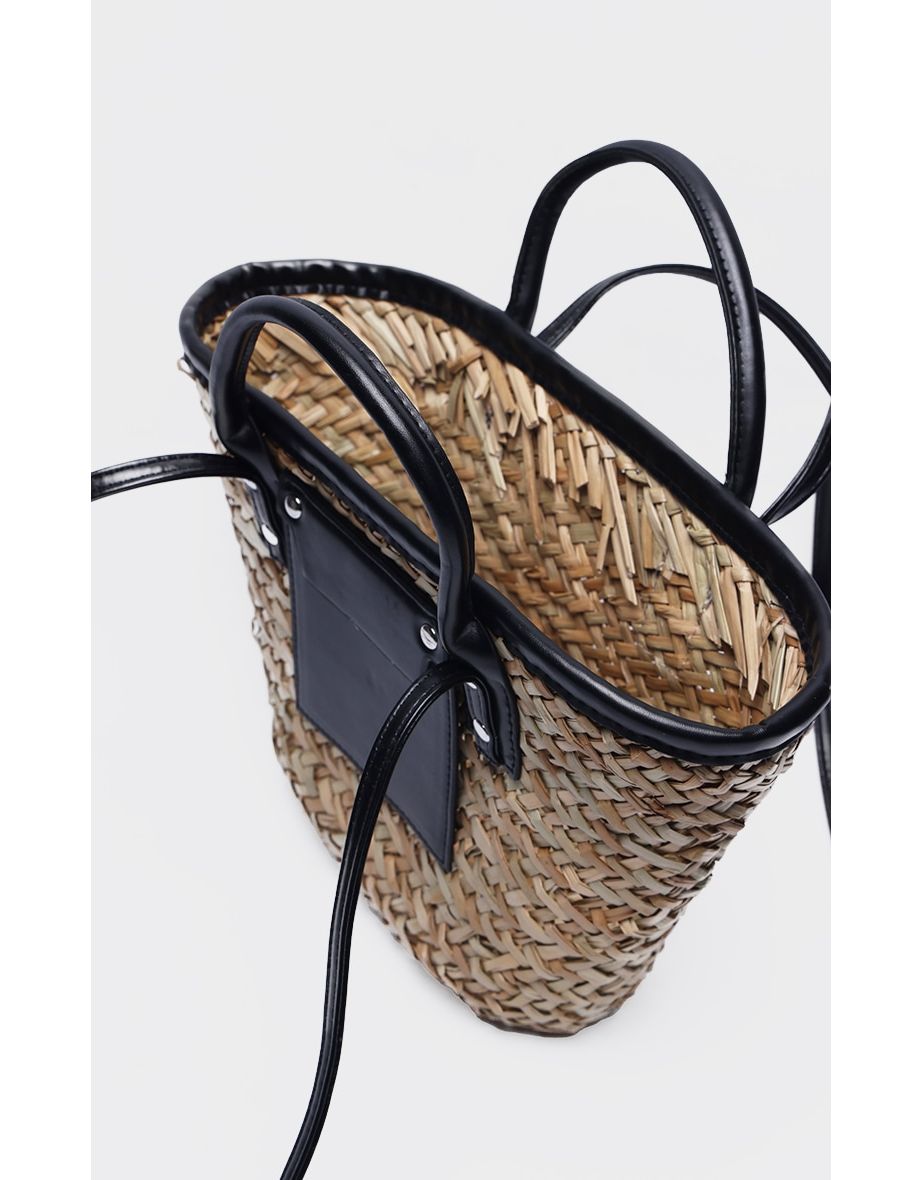 Black Mini PU Trim Straw Tote Bag - 3