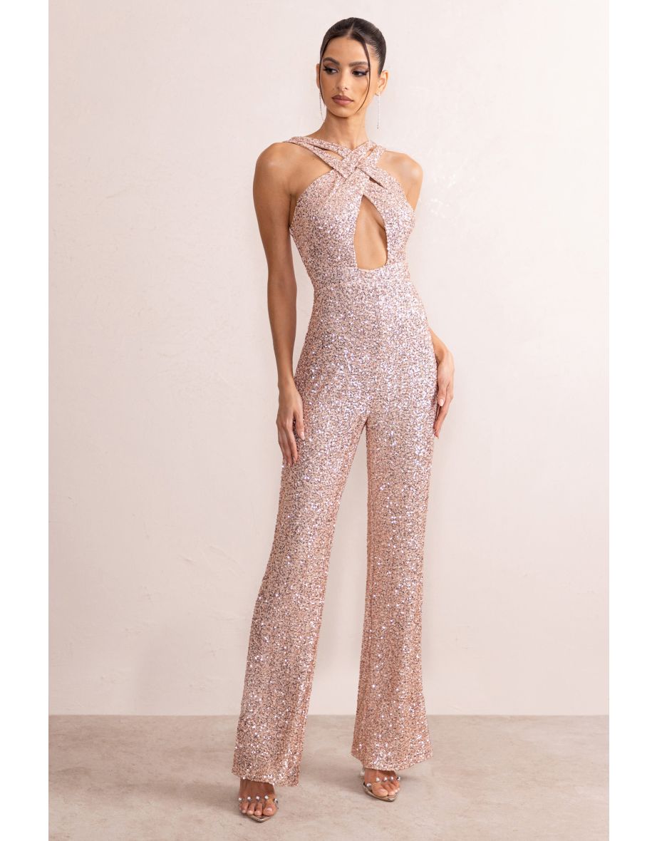 Audrey | Champagne Sequin Cross Front Flared Leg Jumpsuit With Keyhole Detail
