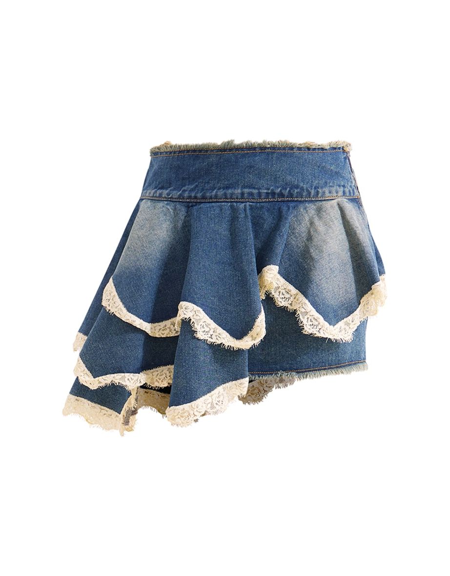 Mid Blue Wash Lace Trim Freyed Edge Denim  Skirt - 5
