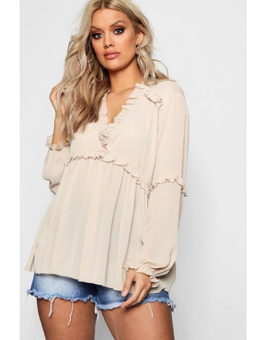 Plus Ruffle Detail Plunge Blouse - ecru