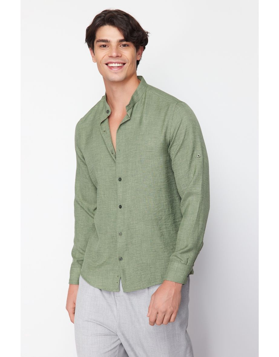 Khaki Slim Fit Command Collar Comfortable Shirt