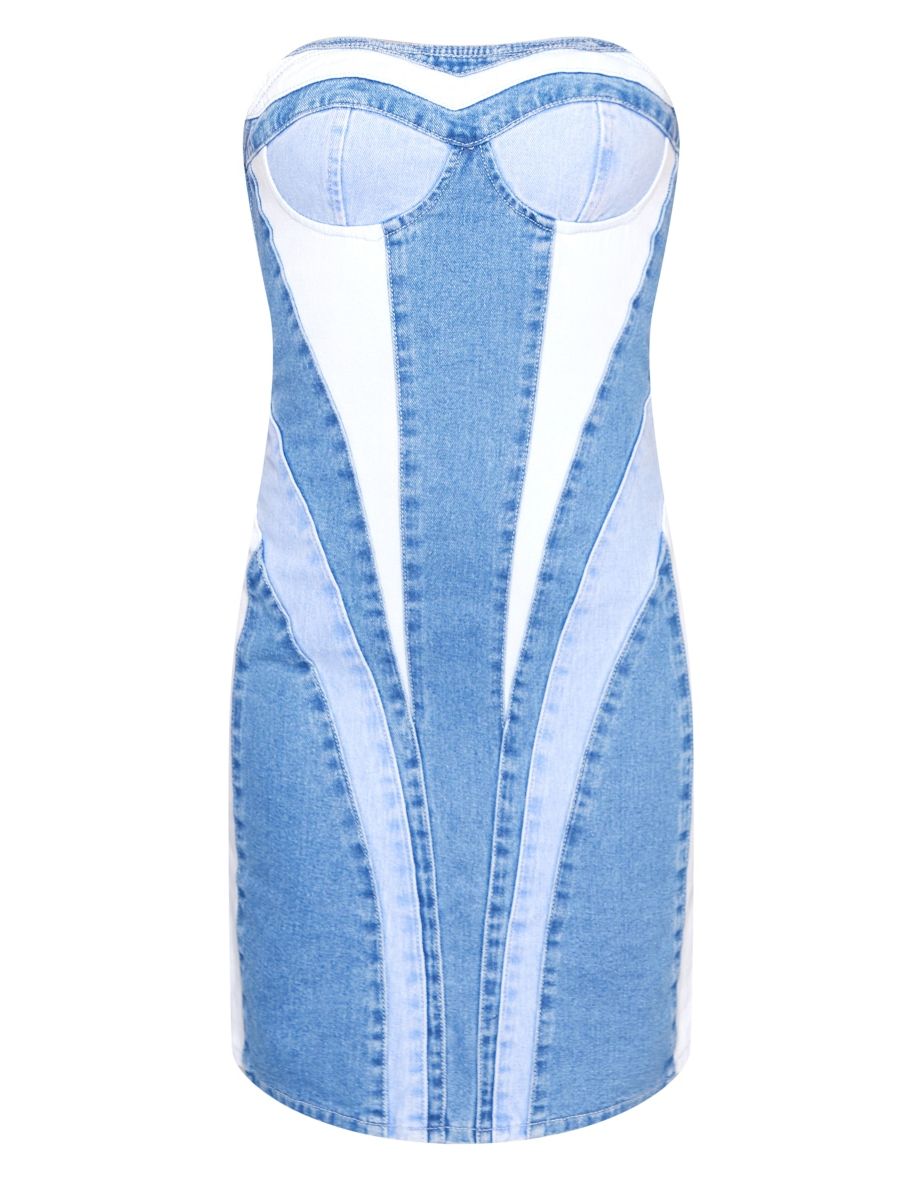 Mid Blue Wash Contrast Panel Denim Mini Dress - 4
